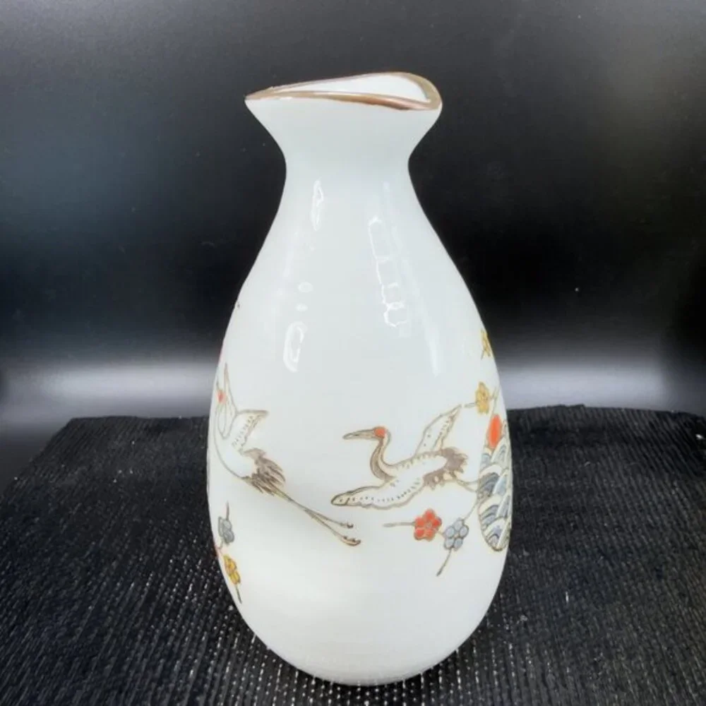 Japanese Ceramic Sake Set Bottle Jug Pitcher 3 Cups Stork Bird Pattern Stoneware